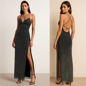 Crystal Doll M Vintage 90's Fishnet RHINESTONE Strappy Gown Bodycon Dress Black